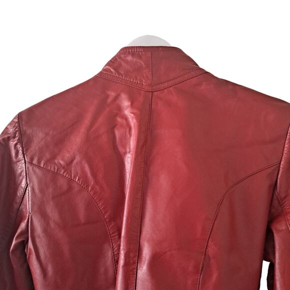 Split End Limited Red Leather High Neck Long Sleeve Jacket with Belt  - Size 11 - Picture 7 of 8